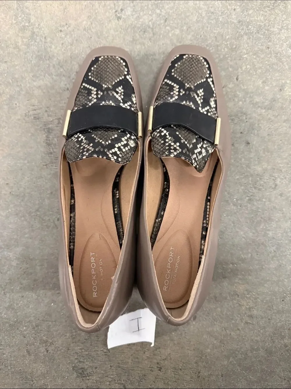 Rockport Taupe Loafers with Snake-Print Vamp and Black Strap